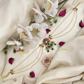 Vriksham Premium Lotus Kundan Jadau Sheeshphool-Red Green-Green Bead-J2775